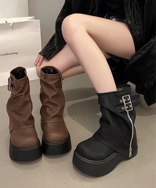 セール】ファスナー付きカバー風厚底ミドルブーツ（ブーツ）｜Lace