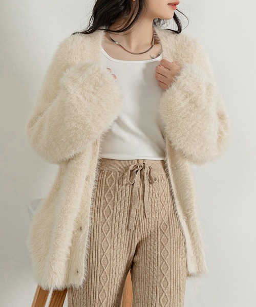 レディース フワフワボリュームシャギーニットカーディガン