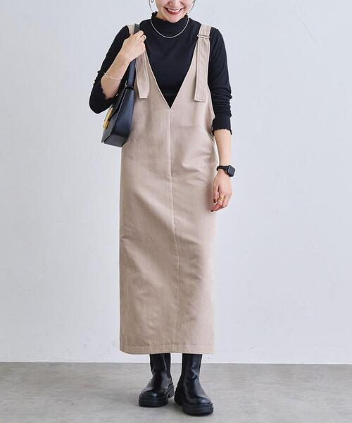 coen（コーエン）の「フェイクスウェードジャンスカ（ジャンパースカート・レディース・ベージュ/ダークグレー・M/L）」の2枚目の写真