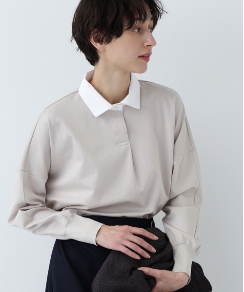 human woman(ヒューマンウーマン)の「◆コットンポンチ襟付きカットソー(Tシャツ/カットソー・レディース・ベージュ/ネイビー・MEDIUM)」の1枚目の写真