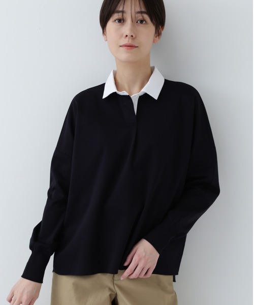 human woman(ヒューマンウーマン)の「◆コットンポンチ襟付きカットソー(Tシャツ/カットソー・レディース・ベージュ/ネイビー・MEDIUM)」の2枚目の写真