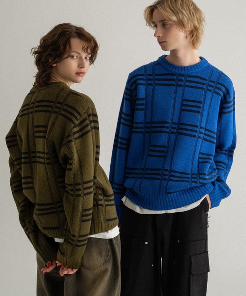 WISH FOR EVER(ウィッシュフォーエバー)の「ASYMMETRY CHECK KNIT /アシメチェックニット(ニット/セーター・メンズ・ブルー/ライトブルー/オリーブ・LARGE/MEDIUM)」の10枚目の写真