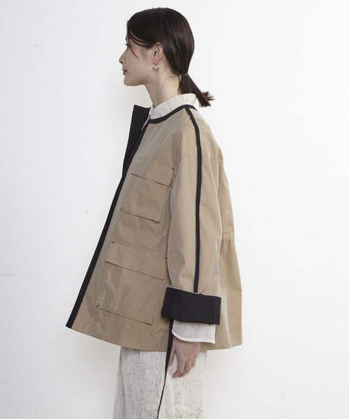 Soffitto 丸首立体ポケットシャンブレーショートコート　ベージュ系フリー Soffitto 丸首立体ポケットシャンブレーショートコート ベージュ系