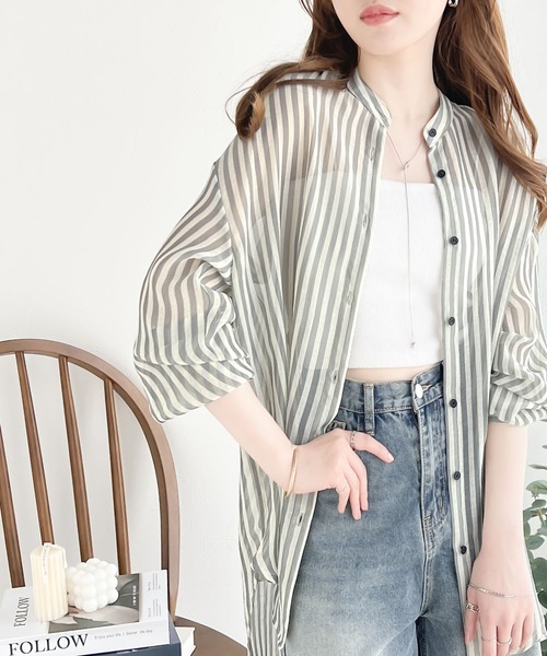 elfelfelf archives トップス シズニルック セール】コーデに抜け感を演出。シアーストライプシャツ（シャツ
