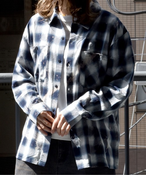 【セール】ダメージ加工 ブリーチ加工 オンブレチェック レギュラーシャツ/ワークシャツ（シャツ/ブラウス）｜Starting Over（スターティングオーバー）