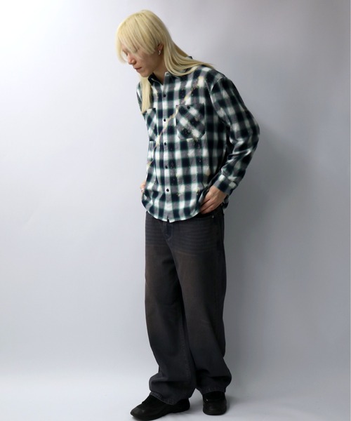 ダメージ加工 ブラック・ホワイト チェックシャツ ダメージチェックBIGシャツ | VOLCAN&APHRODITE