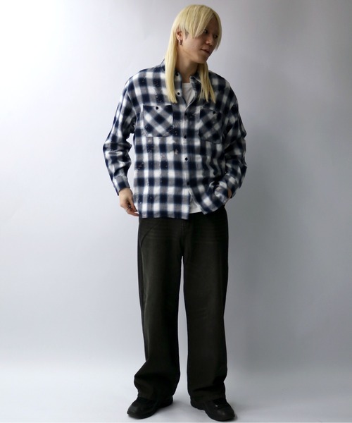 セール】ダメージ加工 ブリーチ加工 オンブレチェック レギュラー