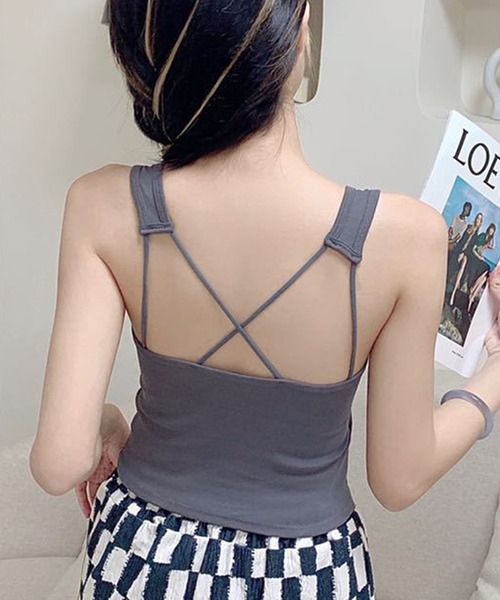 Lace Ladies(レースレディース)の「ソリッドカラー クロスバック ストラップ カップ付き タンクトップ(キャミソール・レディース・ブラック/ダークグレー/ライトグレー/ホワイト・FREE)」の6枚目の写真