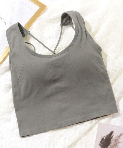 Lace Ladies(レースレディース)の「ソリッドカラー クロスバック ストラップ カップ付き タンクトップ(キャミソール・レディース・ブラック/ダークグレー/ライトグレー/ホワイト・FREE)」の9枚目の写真