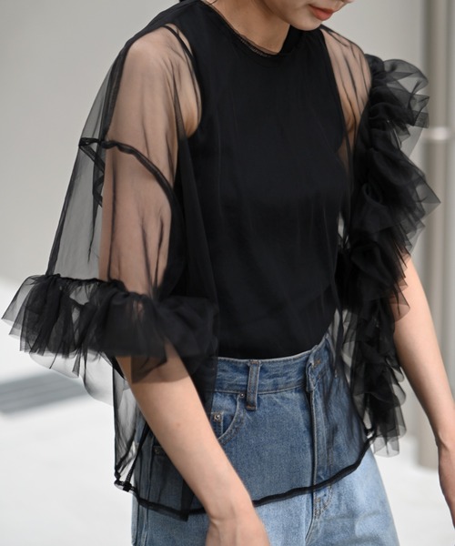 Marient（マリエント）の「チュールフリルアシメBL（シャツ/ブラウス・レディース・グレー/ベージュ/ブラック・FREE）」の5枚目の写真