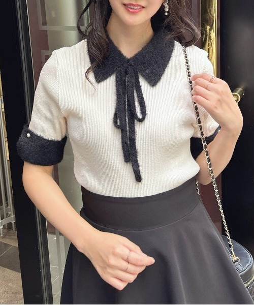 INGNI(イング)の「チョーカー付フェザー配色半袖ニット(ニット/セーター・レディース・ブラック×ホワイト/グレー系8/ホワイト×ブラック・M)」の12枚目の写真