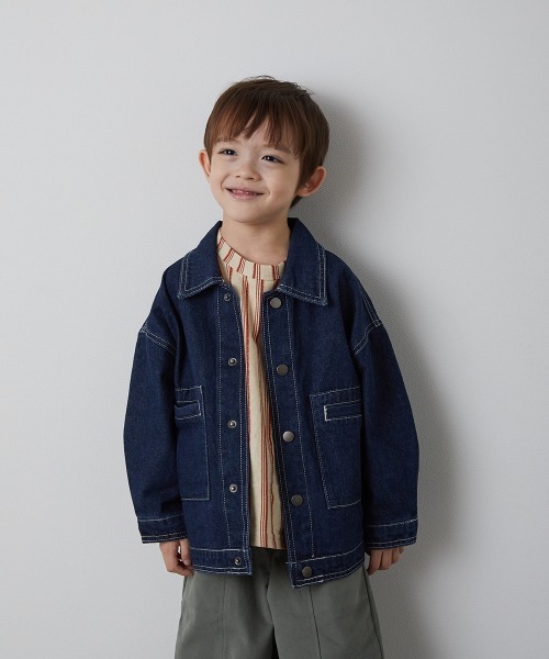 riziere(リジェール)の「配色ステッチデニムジャケット(デニムジャケット・キッズ・インディゴブルー・90/100/110/120/130/140/150)」の1枚目の写真