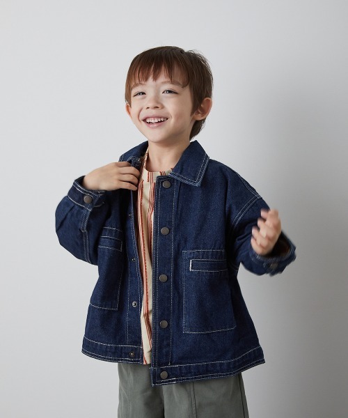 riziere(リジェール)の「配色ステッチデニムジャケット(デニムジャケット・キッズ・インディゴブルー・90/100/110/120/130/140/150)」の3枚目の写真