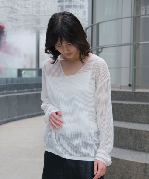 CLEAN SPACE(クリーンスペース)の「ストライプシアーニット(Tシャツ/カットソー・レディース・ブラック/ホワイト・M)」の1枚目の写真