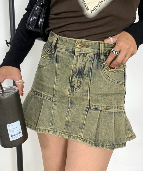 スタッズ付きデニムミニスカートパンツ（デニムスカート）｜non