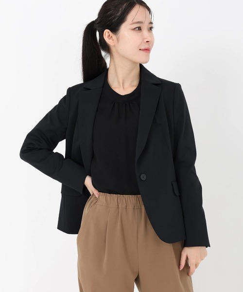 STRAWBERRY-FIELDS（ストロベリーフィールズ）の「ジャージテーラードジャケット（ノーカラージャケット・レディース・ブラック/ベージュ/ネイビー・2）」の2枚目の写真