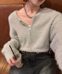 【WEB限定】フロントジップラメフェザーニットプルオーバー