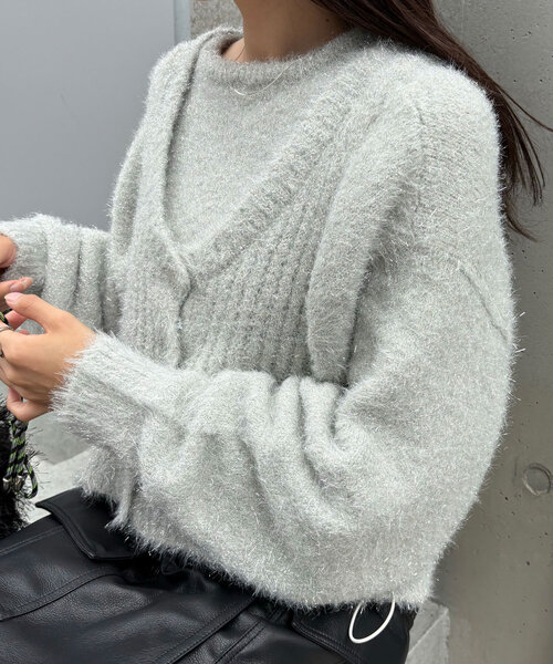 セール】【WEB限定】フロントジップラメフェザーニットプルオーバー