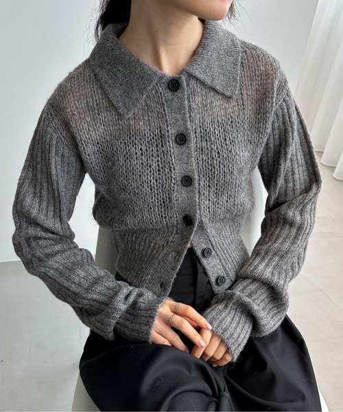 グレー ボタン付き カーディガン　SUMIREシルク混【Gray】 feepur（フェピュール）の「【ハンドウォッシャブル】ウール混