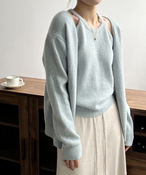 Miniministore(ミニミニストア)の「ニットアンサンブル レディース2点セット(ニット/セーター・レディース・ダークグレー/サックスブルー/オフホワイト/キャメル/ベージュ・FREE)」の4枚目の写真