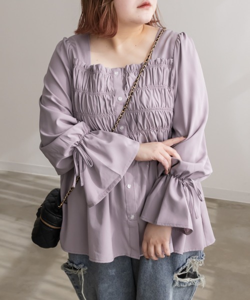 CLETTE(クレット)の「袖リボンシャーリングブラウス(シャツ/ブラウス・レディース・パープル/ラベンダー/ブルーグリーン・4L/3L/LL)」の2枚目の写真