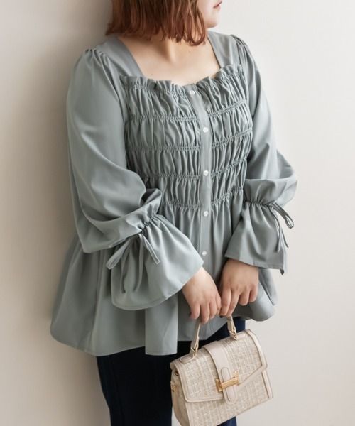 CLETTE(クレット)の「袖リボンシャーリングブラウス(シャツ/ブラウス・レディース・パープル/ラベンダー/ブルーグリーン・4L/3L/LL)」の1枚目の写真