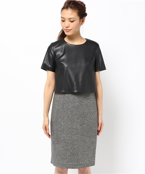 FIGARO Paris(フィガロパリ)の「シルクウール ツイード*フェイクレザー ワンピース◆(ワンピース・レディース・ブラック・36/38)」の2枚目の写真