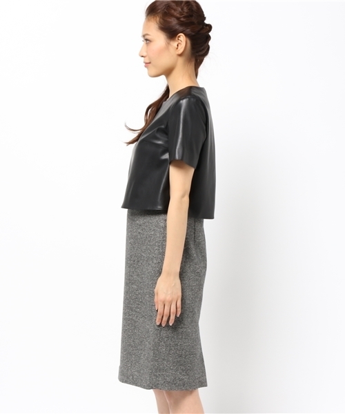 FIGARO Paris(フィガロパリ)の「シルクウール ツイード*フェイクレザー ワンピース◆(ワンピース・レディース・ブラック・36/38)」の3枚目の写真