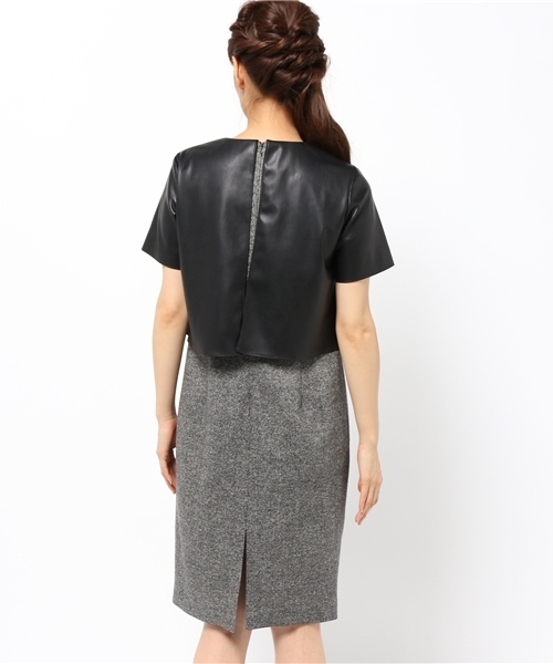 FIGARO Paris(フィガロパリ)の「シルクウール ツイード*フェイクレザー ワンピース◆(ワンピース・レディース・ブラック・36/38)」の4枚目の写真