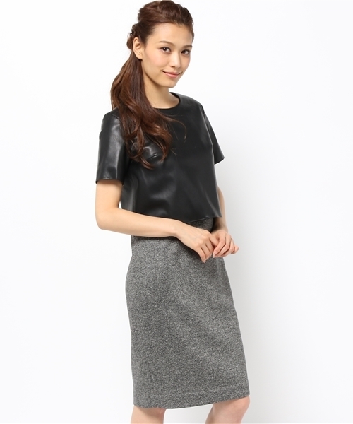 FIGARO Paris(フィガロパリ)の「シルクウール ツイード*フェイクレザー ワンピース◆(ワンピース・レディース・ブラック・36/38)」の8枚目の写真