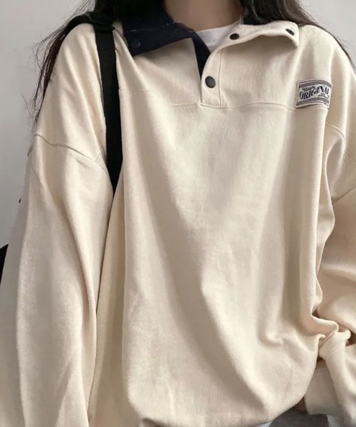 VIVID LADY(ビビッドレディー)の「スタンドカラー Tシャツ ハーフスナップ オーバーサイズ(Tシャツ/カットソー・レディース・クリーム/グレー/ホワイト系その他/ネイビー・FREE)」の2枚目の写真