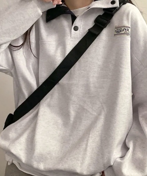 VIVID LADY(ビビッドレディー)の「スタンドカラー Tシャツ ハーフスナップ オーバーサイズ(Tシャツ/カットソー・レディース・クリーム/グレー/ホワイト系その他/ネイビー・FREE)」の6枚目の写真