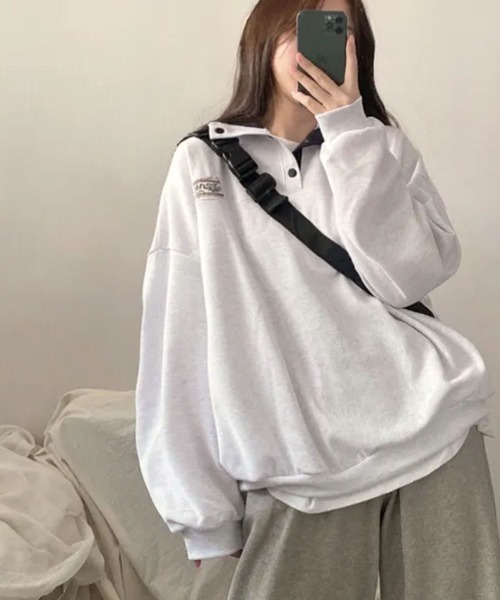 VIVID LADY(ビビッドレディー)の「スタンドカラー Tシャツ ハーフスナップ オーバーサイズ(Tシャツ/カットソー・レディース・クリーム/グレー/ホワイト系その他/ネイビー・FREE)」の7枚目の写真