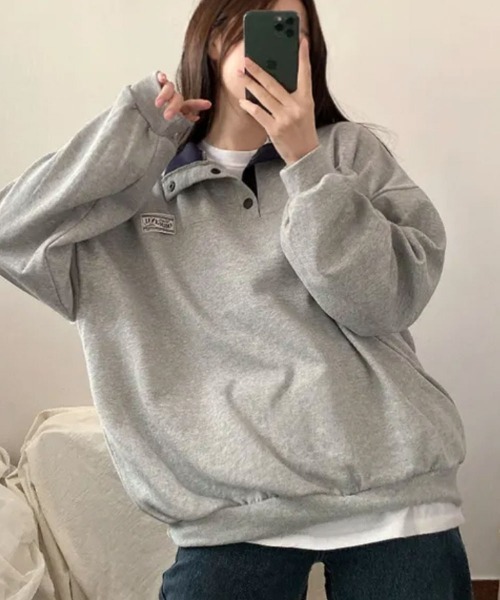 VIVID LADY(ビビッドレディー)の「スタンドカラー Tシャツ ハーフスナップ オーバーサイズ(Tシャツ/カットソー・レディース・クリーム/グレー/ホワイト系その他/ネイビー・FREE)」の17枚目の写真