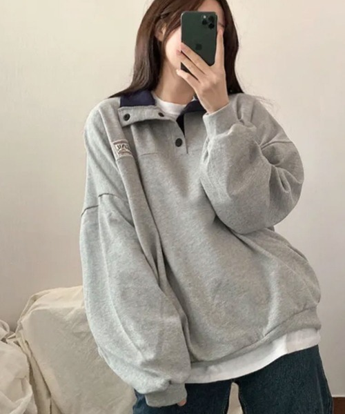 VIVID LADY(ビビッドレディー)の「スタンドカラー Tシャツ ハーフスナップ オーバーサイズ(Tシャツ/カットソー・レディース・クリーム/グレー/ホワイト系その他/ネイビー・FREE)」の18枚目の写真