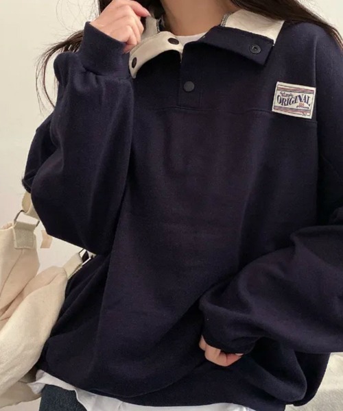 VIVID LADY(ビビッドレディー)の「スタンドカラー Tシャツ ハーフスナップ オーバーサイズ(Tシャツ/カットソー・レディース・クリーム/グレー/ホワイト系その他/ネイビー・FREE)」の20枚目の写真