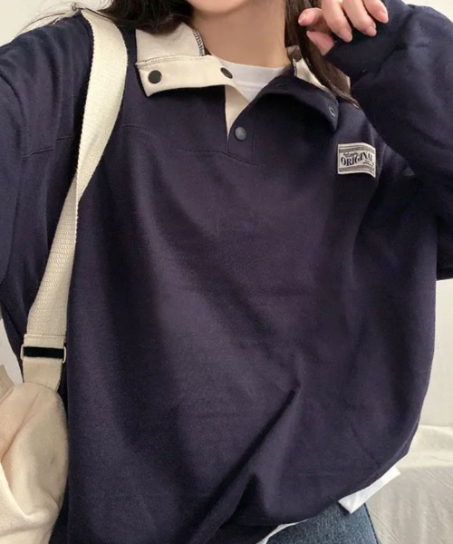 VIVID LADY(ビビッドレディー)の「スタンドカラー Tシャツ ハーフスナップ オーバーサイズ(Tシャツ/カットソー・レディース・クリーム/グレー/ホワイト系その他/ネイビー・FREE)」の21枚目の写真
