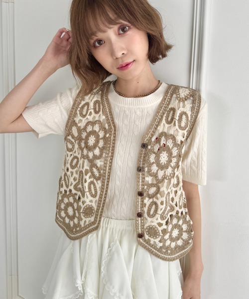 【美品】ソエルテ ニットドッキングファーベスト ブラウン soerte（ソエルテ）の「Knit docking fur jacket/ニット