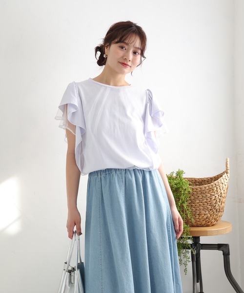 fifth(フィフス)の「チュールフリルTシャツ(Tシャツ/カットソー・レディース・オフホワイト/ブラック/ライトブルー・M)」の3枚目の写真