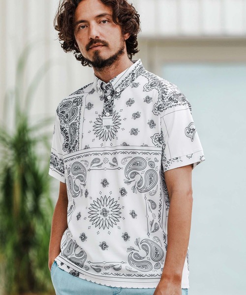 1minute 1second(ワンミニットワンセカンド)の「mhs2364-bandana pattern polo shirt ポロシャツ(ポロシャツ・メンズ・ブラック×ホワイト/ホワイト×ブラック/ホワイト×ブルー・S/M/L/XL)」の2枚目の写真