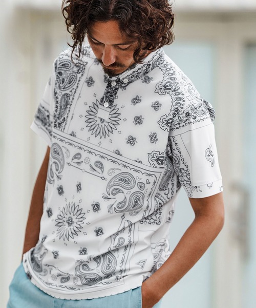 1minute 1second(ワンミニットワンセカンド)の「mhs2364-bandana pattern polo shirt ポロシャツ(ポロシャツ・メンズ・ブラック×ホワイト/ホワイト×ブラック/ホワイト×ブルー・S/M/L/XL)」の13枚目の写真