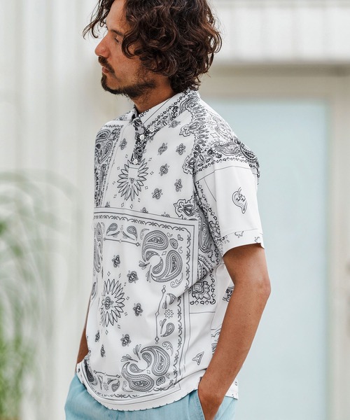1minute 1second(ワンミニットワンセカンド)の「mhs2364-bandana pattern polo shirt ポロシャツ(ポロシャツ・メンズ・ブラック×ホワイト/ホワイト×ブラック/ホワイト×ブルー・S/M/L/XL)」の14枚目の写真