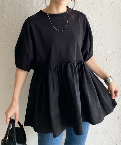 セール】パフスリーブ半袖切替ボリュームフレアペプラムトップス（T