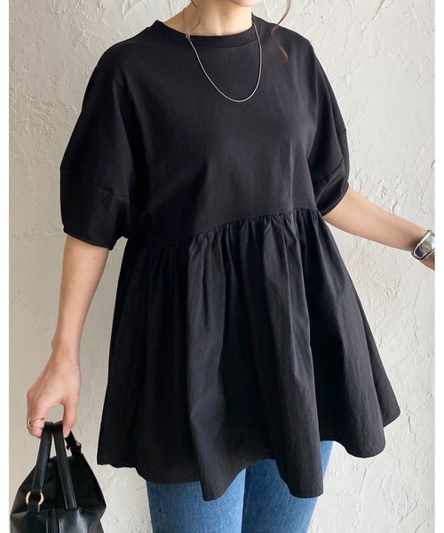 René パフスリーブ半袖トップス 黒 セール】パフスリーブ半袖切替ボリュームフレアペプラムトップス（T