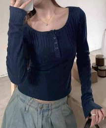 ヘンリーネックリブロングTシャツ