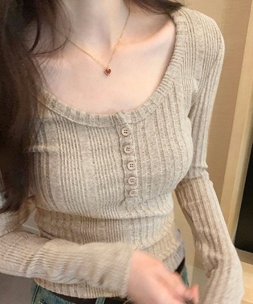 NANEA（ナネア）の「ヘンリーネックリブロングTシャツ（Tシャツ/カットソー・レディース・チャコールグレー/ベージュ/ネイビー/ピンク・MEDIUM/LARGE/X-LARGE）」の5枚目の写真