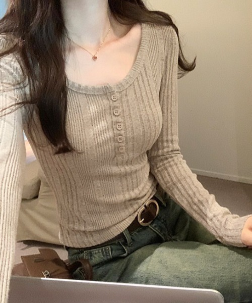 NANEA（ナネア）の「ヘンリーネックリブロングTシャツ（Tシャツ/カットソー・レディース・チャコールグレー/ベージュ/ネイビー/ピンク・MEDIUM/LARGE/X-LARGE）」の7枚目の写真