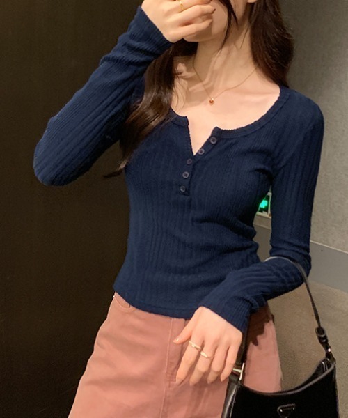 NANEA（ナネア）の「ヘンリーネックリブロングTシャツ（Tシャツ/カットソー・レディース・チャコールグレー/ベージュ/ネイビー/ピンク・MEDIUM/LARGE/X-LARGE）」の21枚目の写真