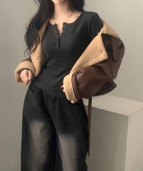 NANEA（ナネア）の「ヘンリーネックリブロングTシャツ（Tシャツ/カットソー・レディース・チャコールグレー/ベージュ/ネイビー/ピンク・MEDIUM/LARGE/X-LARGE）」の20枚目の写真