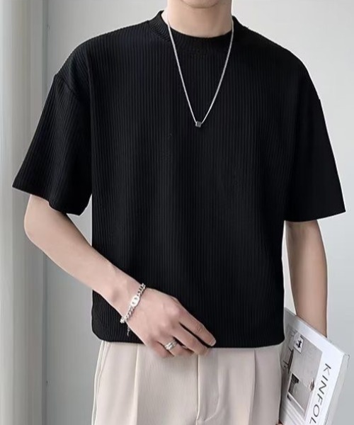 #FR2 / Tシャツ/M/ポリエステル/BLK セール】ポリエステルリブ編みTシャツ（Tシャツ/カットソー